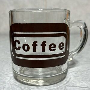 Vintage groovy 70s Clear glass mug with COFFEE on it brown lettering